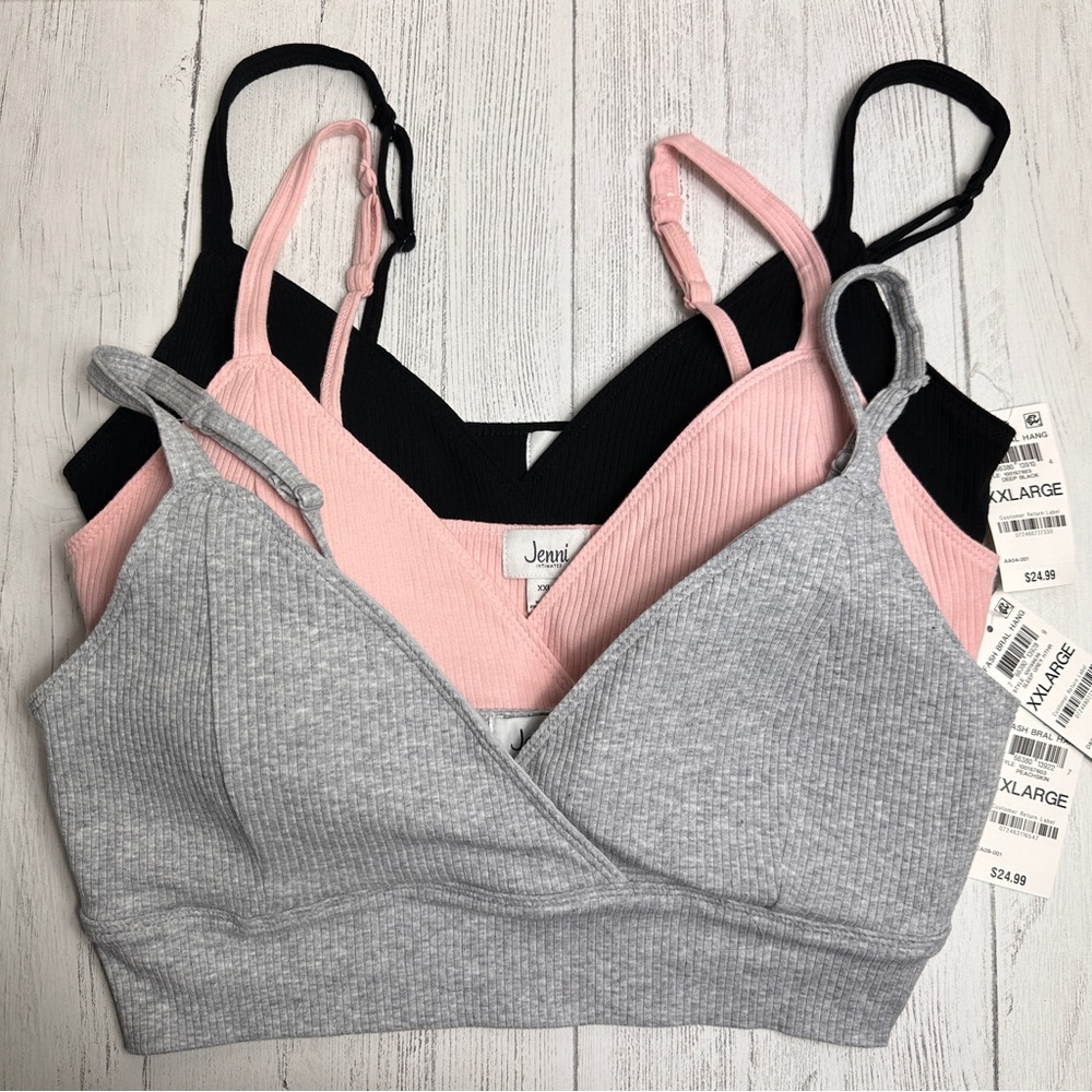 Jenni Intimates Bralette Lot of 3 Pull Over Gray, Black, Pink Size XXL